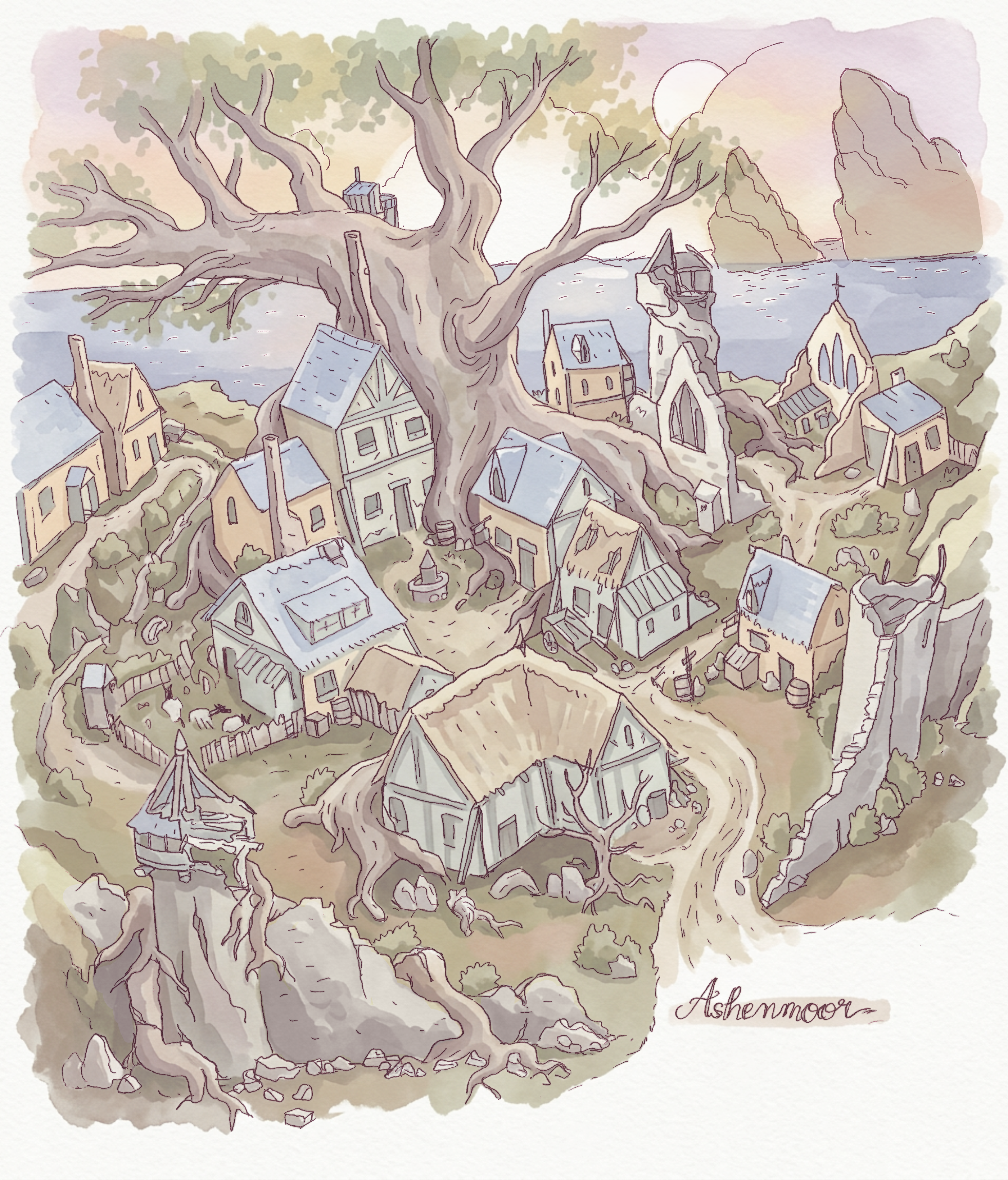 Hand-drawn view of Ashenmoor village