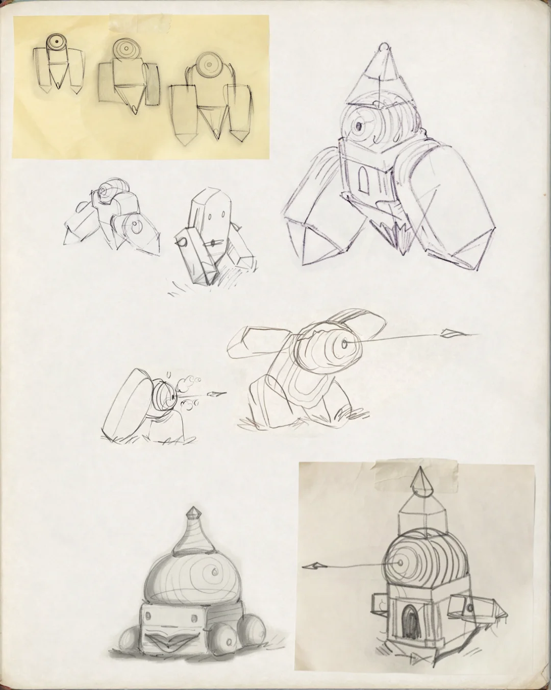 First walking turret research board with compact silhouettes, moving feet and projectile ideas.