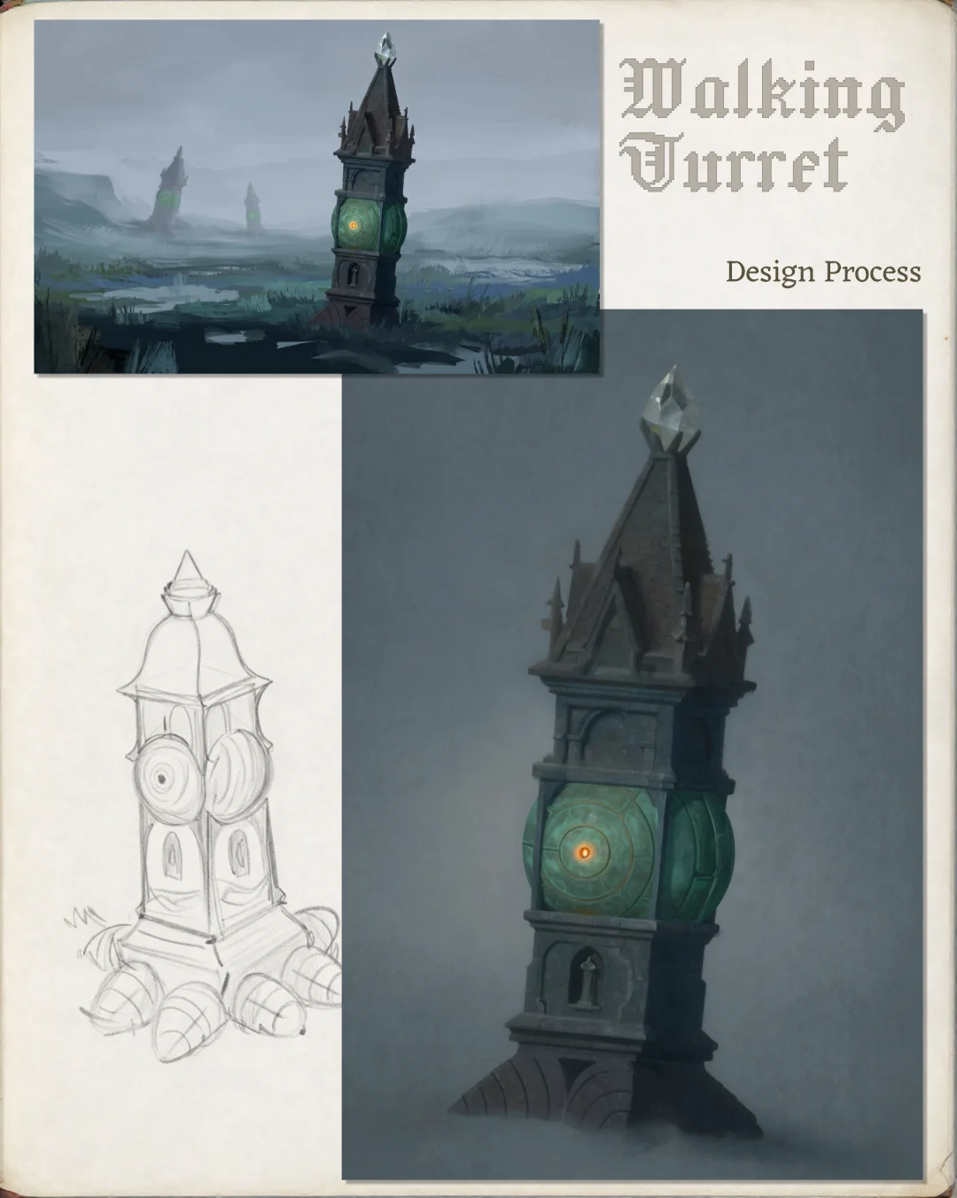 Final walking turret design board combining the landscape concept, drawing and painted 3D direction.